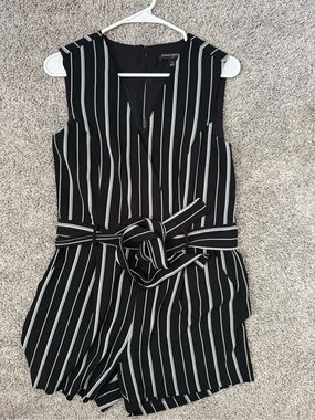 Banana Republic Black and White Striped Sleeveless Belted Romper